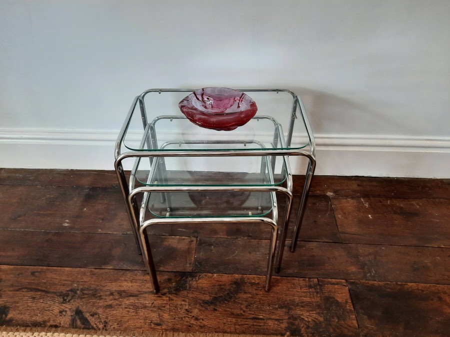 Chrome and Glass Topped Nest Of Three Tables circa 1980s