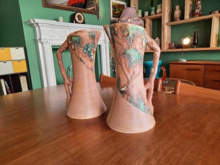 Pair Of Ribbed Pottery Jug Vases Circa 1950s.